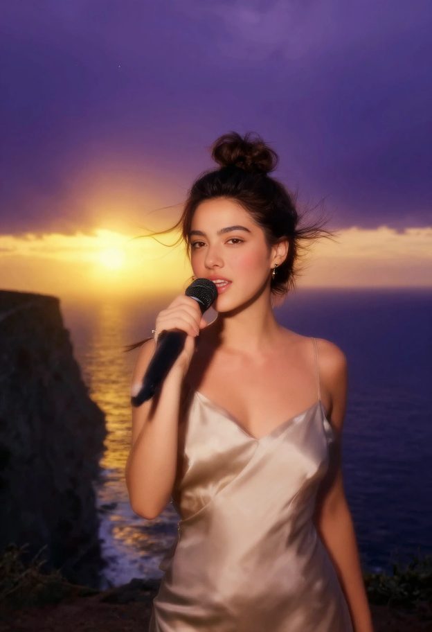 Vesper on a cliff at dusk, holding a microphone (AI-generated)